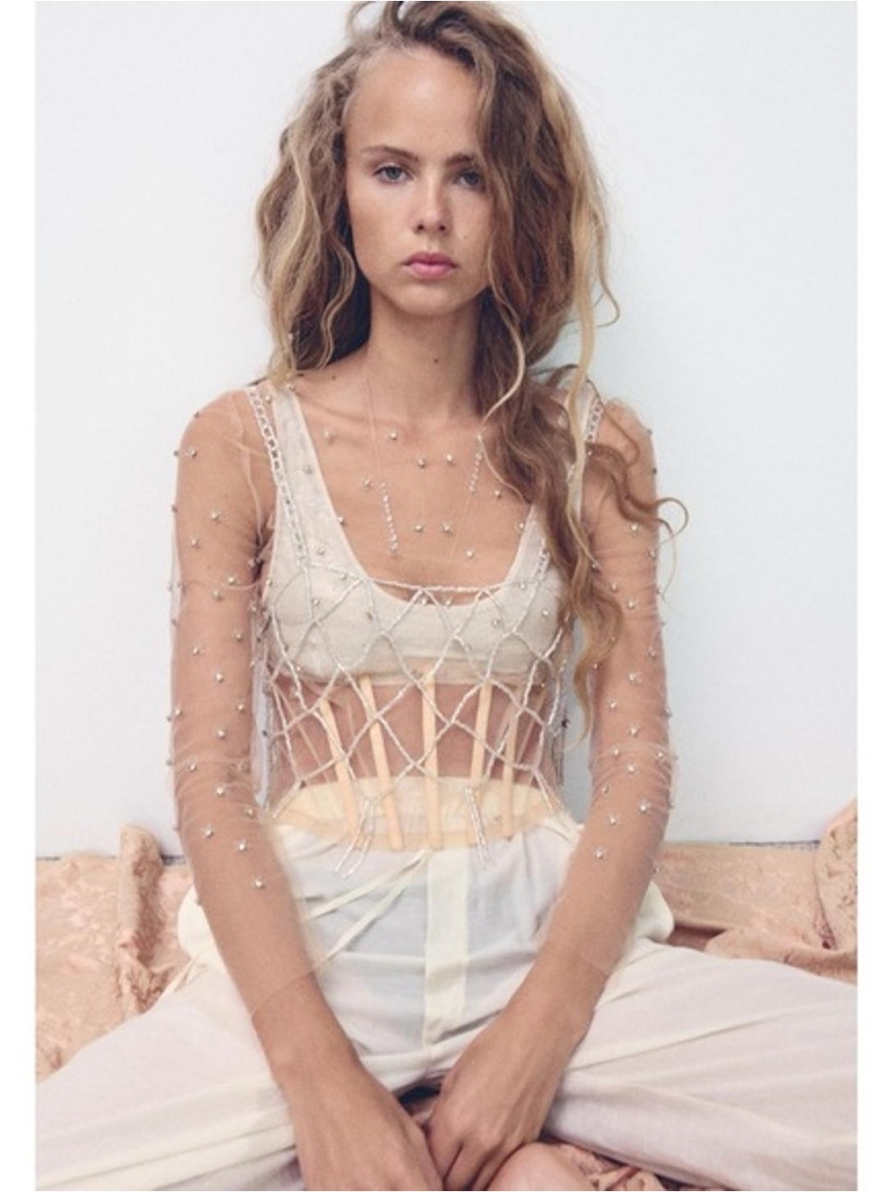 Zara Floral-Embellished Sheer Mesh long sleeve corset top in nude - size M